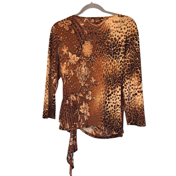 Brittany Black Sequin Animal Print Floral Wrap Blouse Size XL - Picture 2 of 6